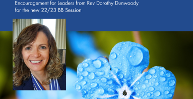 Blue flower with rain drops and pic of Rev Dorothy Dunwoody
